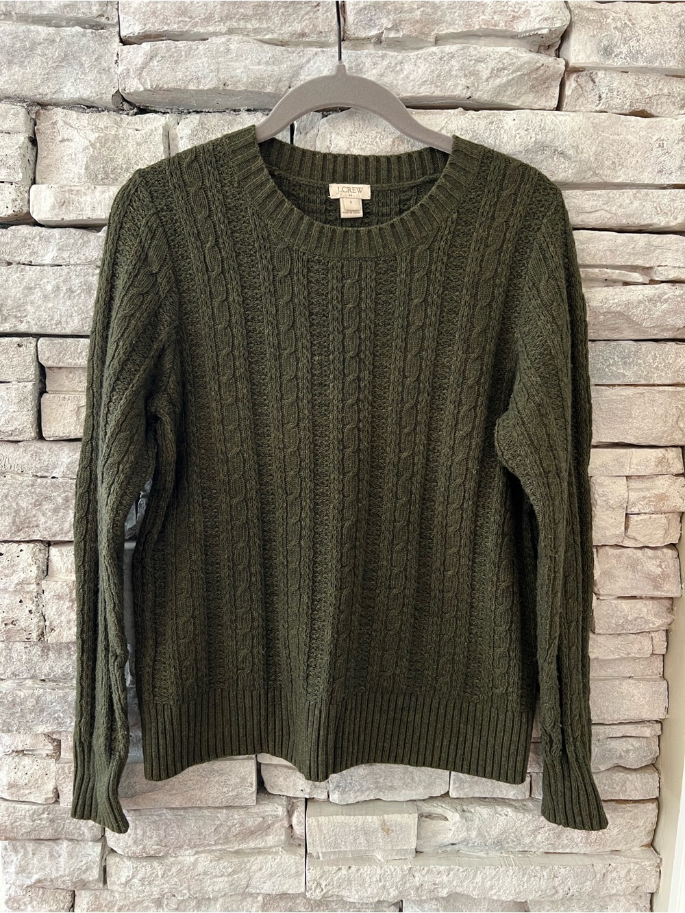 Classic J. Crew Olive Green Cable Knit Crew Neck Sweater Size Small